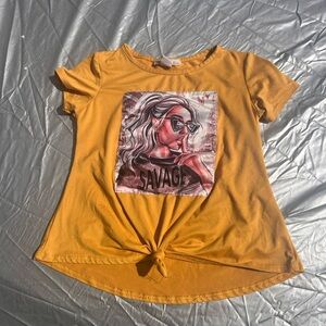 Girls Graphic Tee “Savage” Knot Front Mustard Yellow Size 10/12 Trendy Top